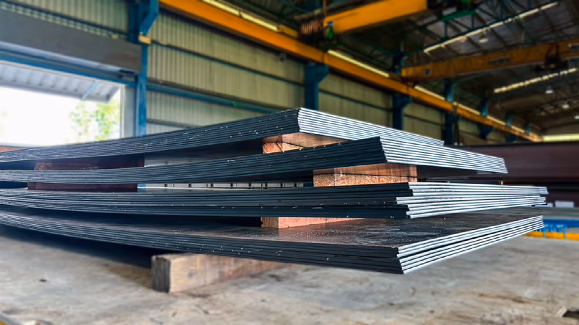 Stacked steel plate in a stockyard.