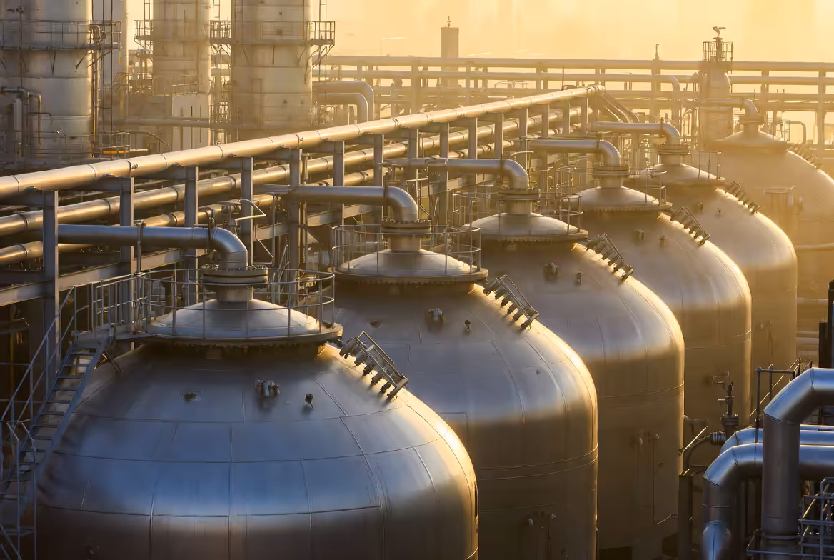 Spherical gas storage tanks and pipework at an energy facility.